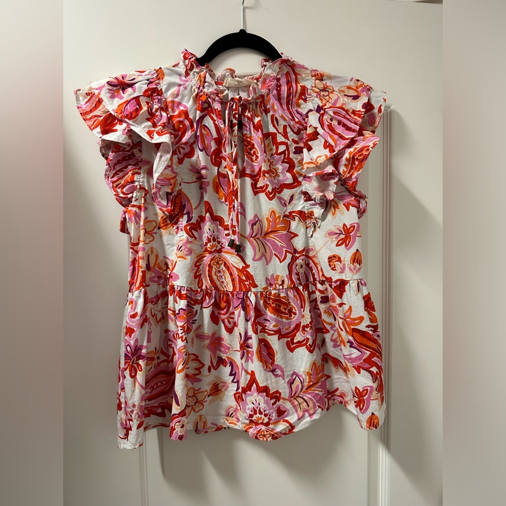 entro Floral Ruffle Sleeve Top in Pink & Orange Women’s Size Small 100% Cotton